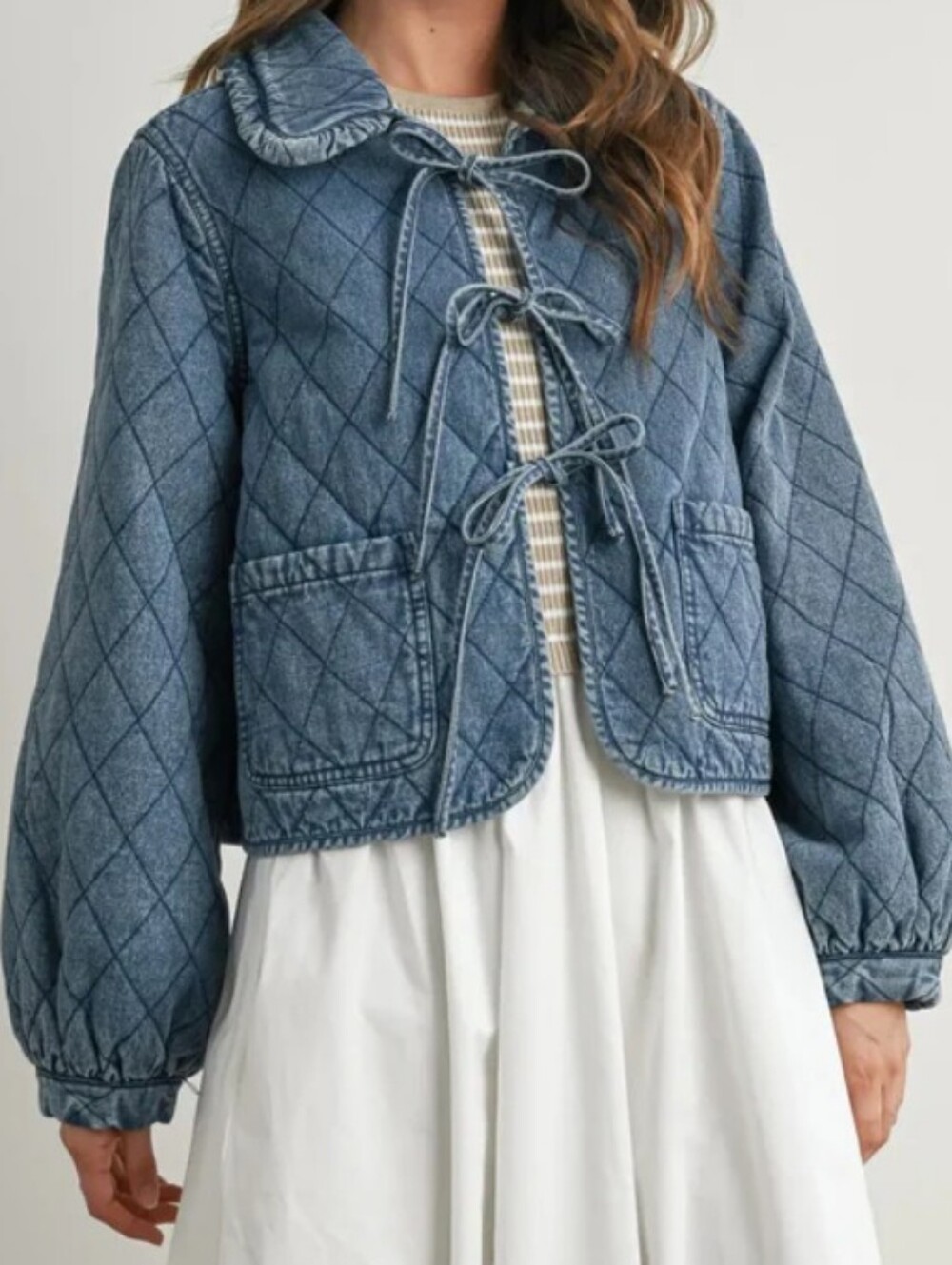 Butter Melon Quilted Tie Front Denim Jacket